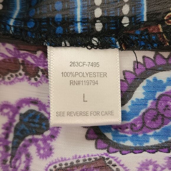 One World Sheer Boho Top Paisley Floral Patchwork Print Beaded Ruffles Size L - Picture 6 of 10
